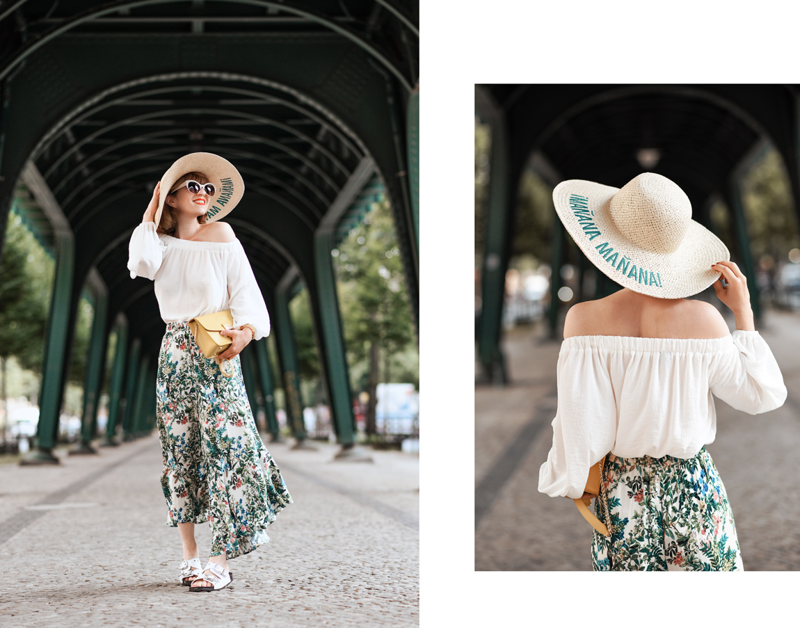 blumen, culotte, offshoulder, outfit, berlin, sommer, culottes, floral, weekday, streetstyle, suess, cute, retro, feminin, fashionblogger, modeblogger